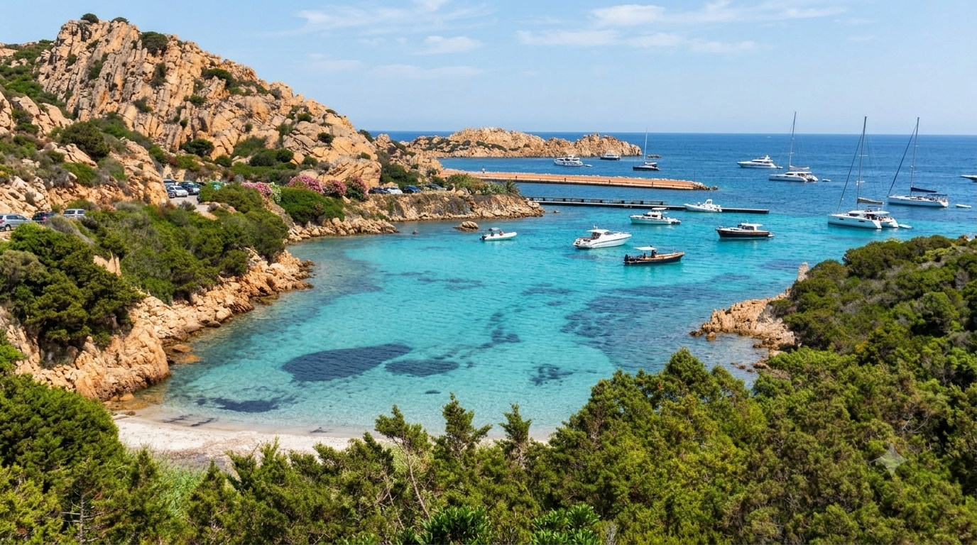 Cala Lunga, La Maddalena — insenatura con acqua turchese trasparente, graniti dorati, pontile e barche alla fonda