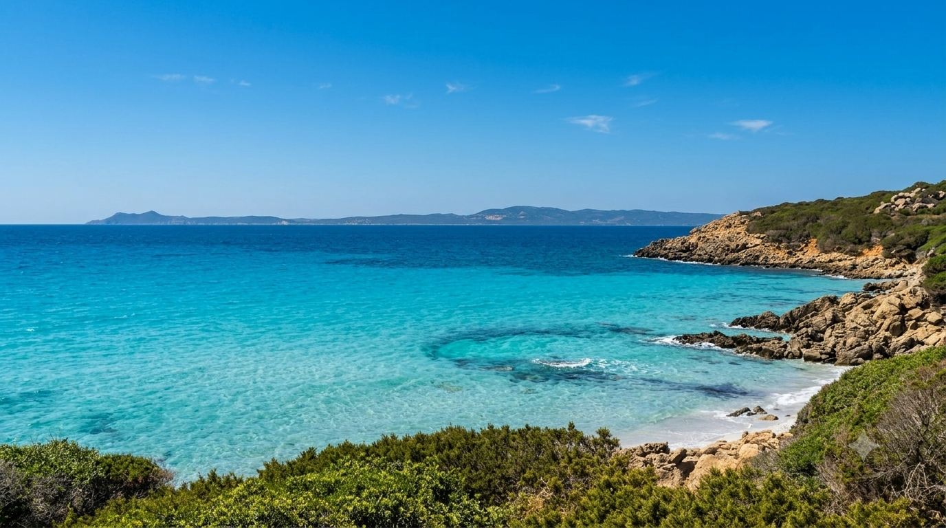 Su Portu de su Trigu, Sant'Anna Arresi — cala rocciosa con acqua turchese cristallina, macchia mediterranea e costa sullo sfondo