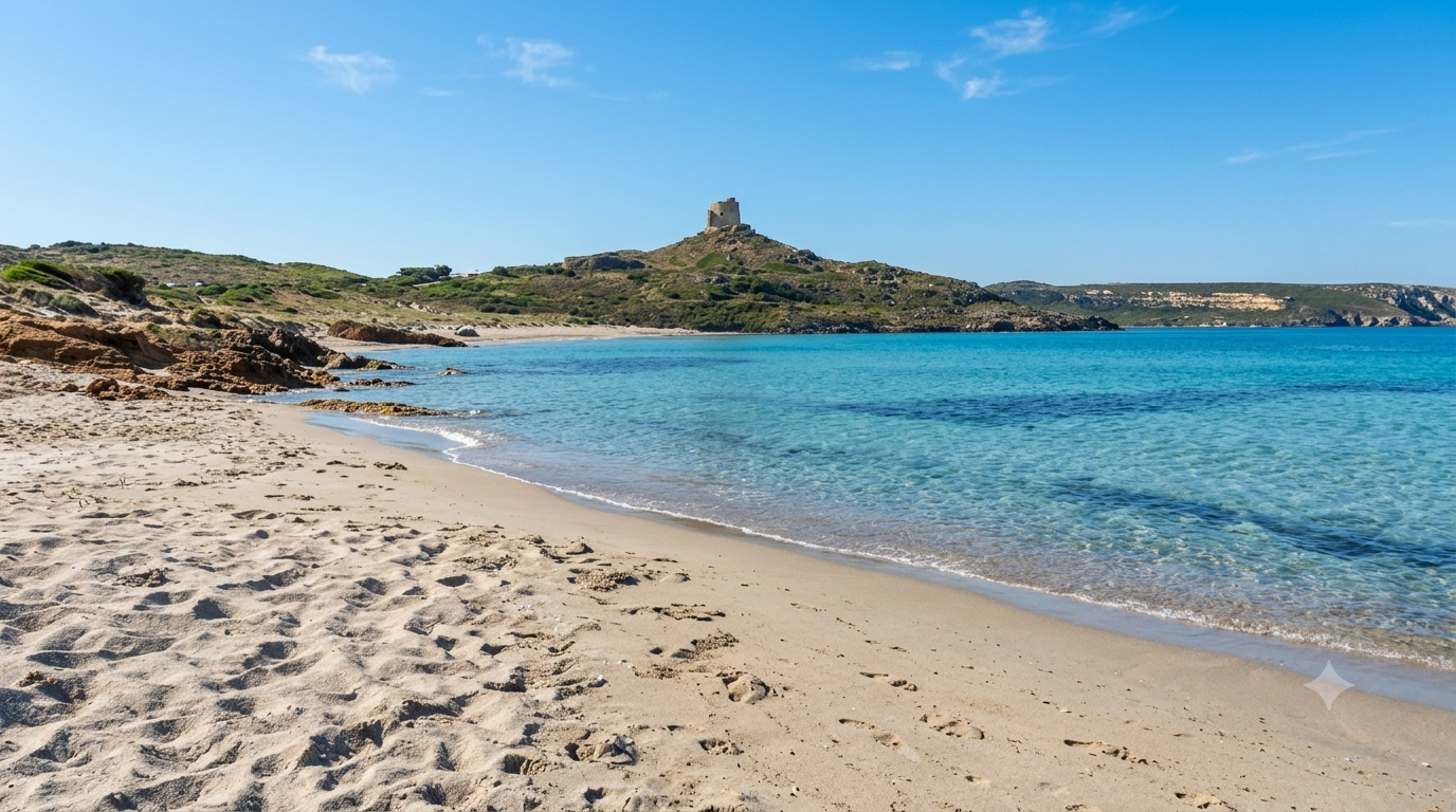 Sassu (Abarossa), Santa Giusta — spiaggia dorata con acqua azzurra e torre spagnola sul promontorio