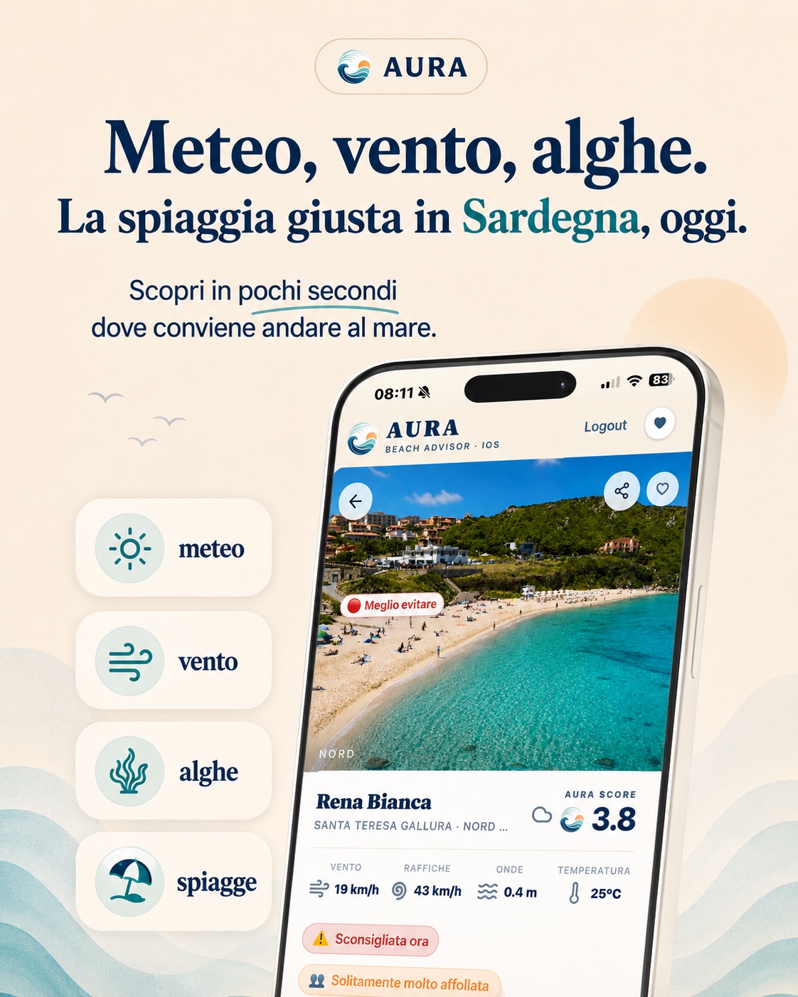 Meteo, vento, alghe — AURA Beach Advisor