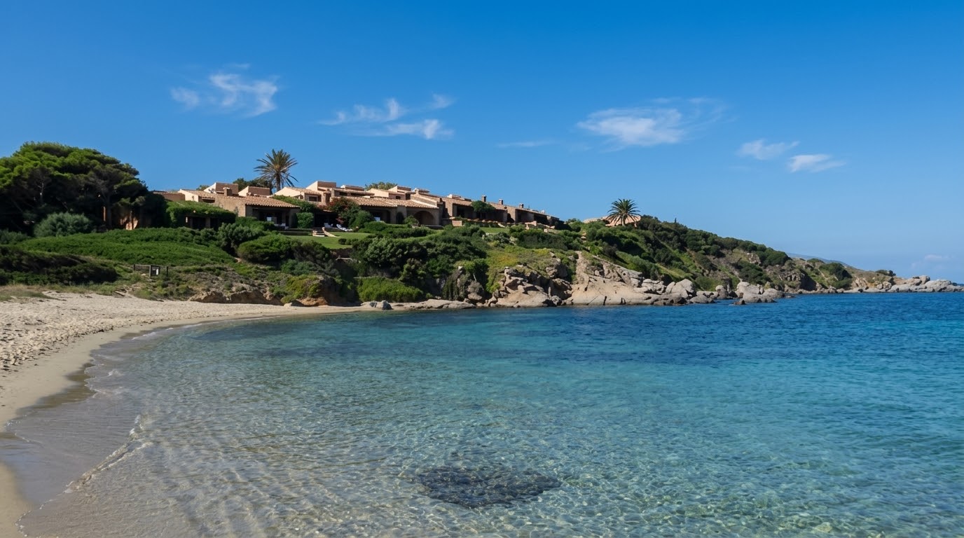 Spiaggia di Santo Stefano, Villasimius — caletta sabbiosa con mare cristallino e case sulla collina
