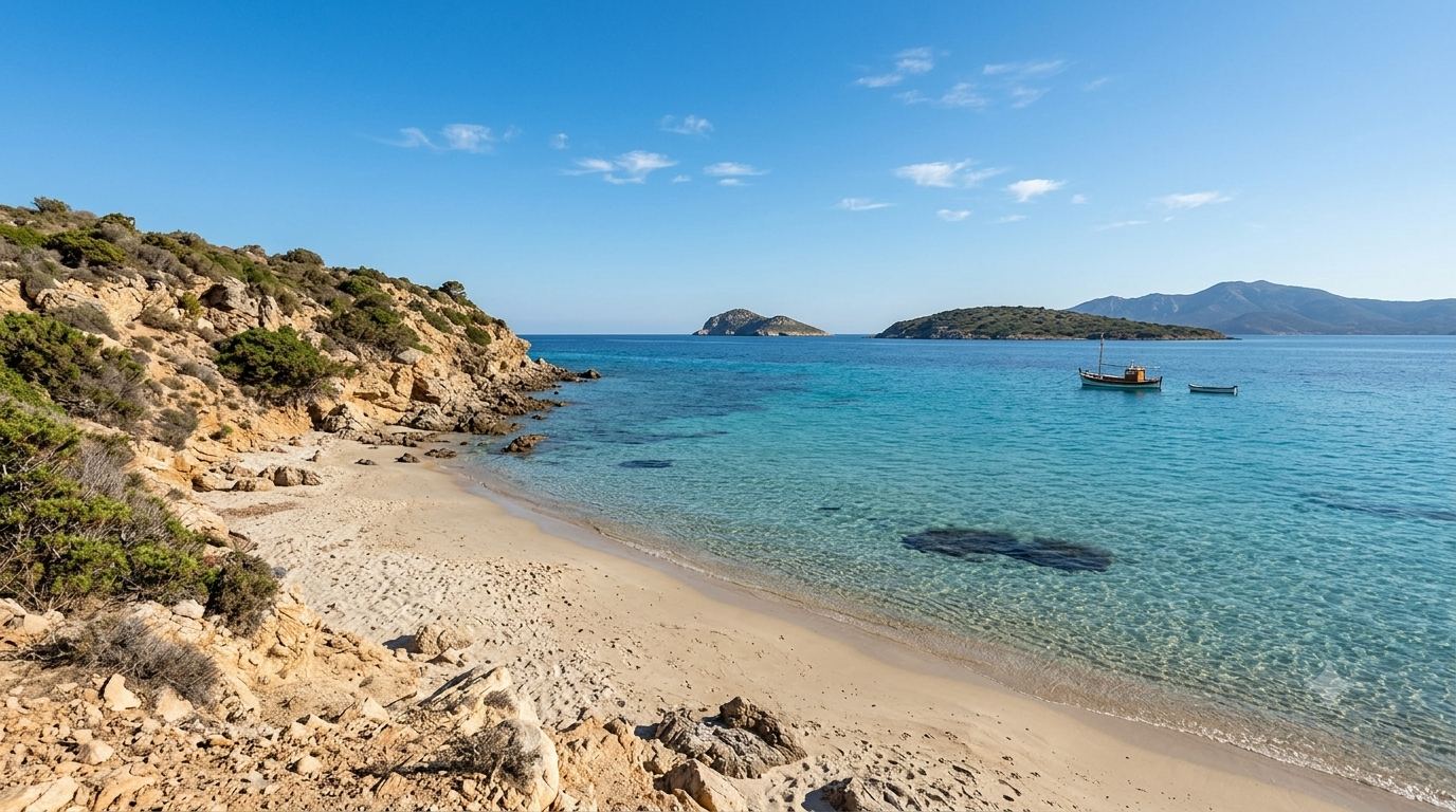 Laconia, Arzachena — piccola cala riparata con sabbia chiara, acqua turchese cristallina e macchia mediterranea sugli scogli
