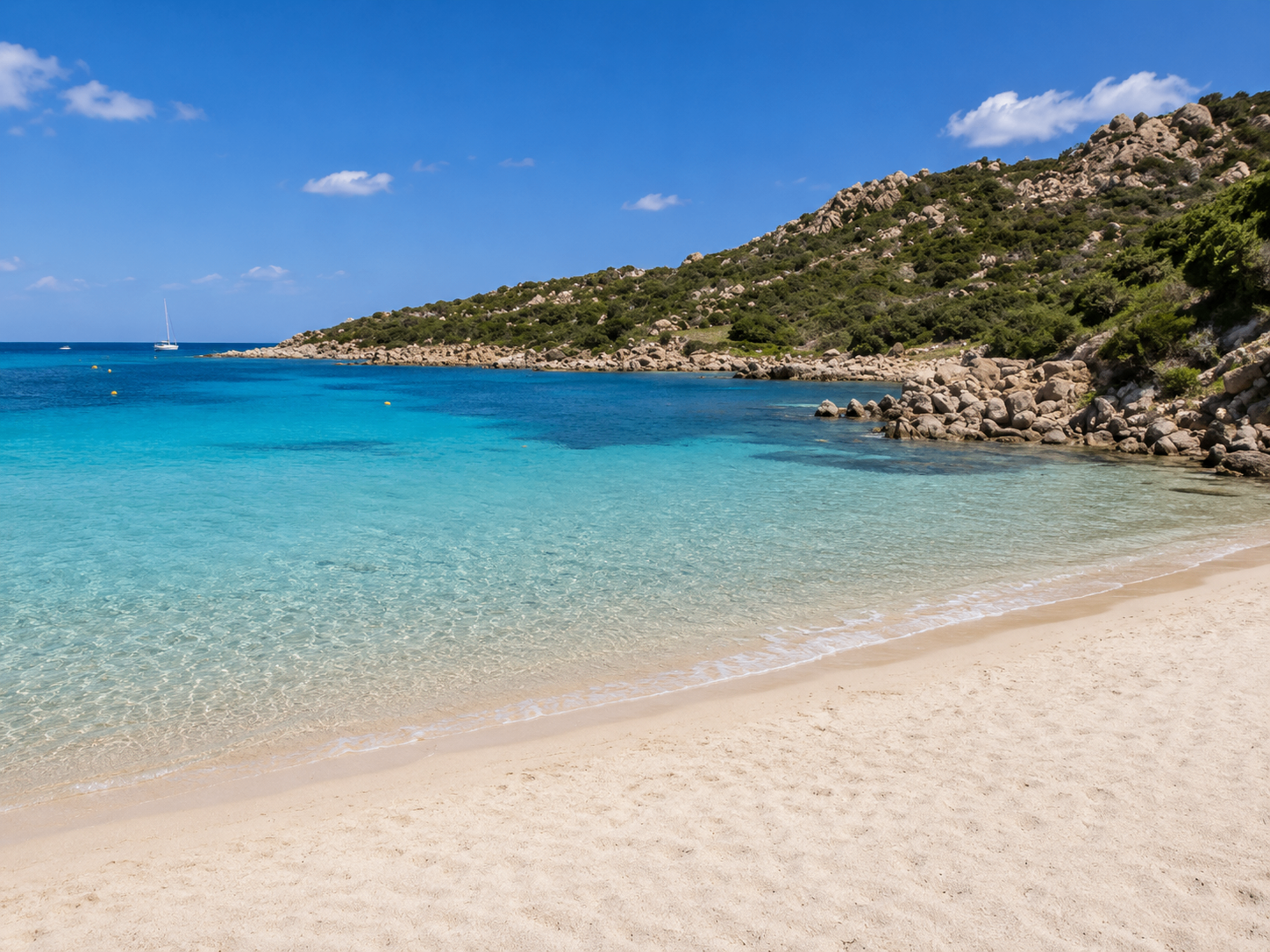 Cala Battistoni, Baja Sardinia — baia di sabbia chiara con acqua turchese cristallina, scogli di granito e macchia mediterranea