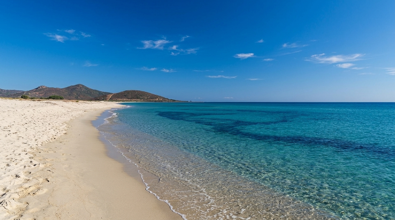 San Giovanni di Posada — lunga spiaggia sabbiosa con mare azzurro cristallino e promontorio verde sullo sfondo
