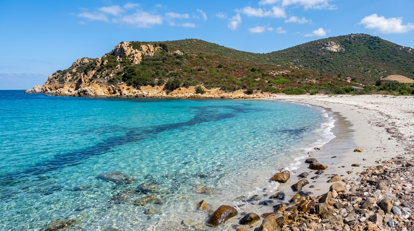 S'Ortixeddu, Teulada — cala con acqua cristallina turchese, sabbia chiara e rocce granitiche dorate