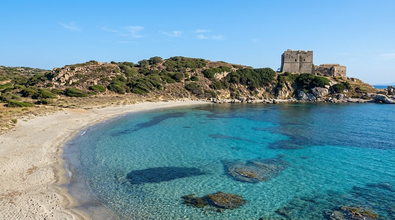 Spiaggia della Fortezza, Villasimius — baia con acqua turchese sotto l'antica fortezza