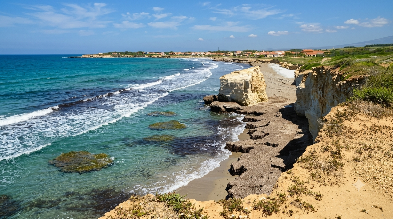S'Arena Scoada, San Vero Milis — costa con falesie chiare, scogli scuri affioranti, onde bianche e villaggio all'orizzonte