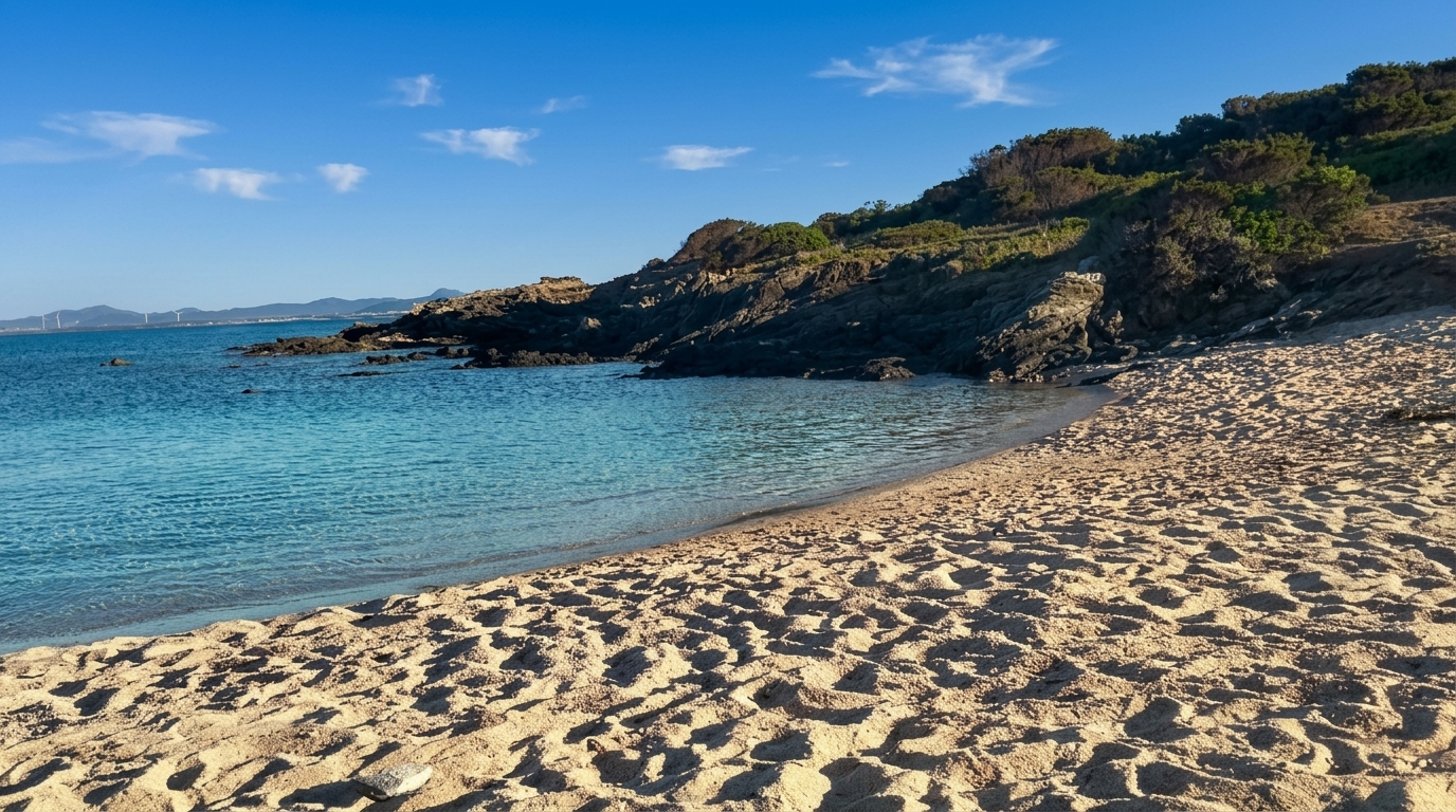 Cala Lupo, Stintino — piccola cala di sabbia dorata con scogliera scura, acqua turchese calma e macchia mediterranea