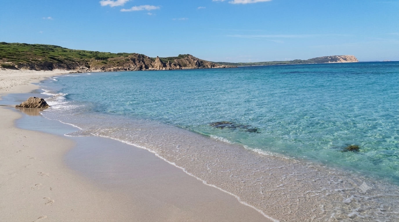 Rena Majore — sabbia chiara con acqua cristallina turchese e promontorio roccioso sullo sfondo