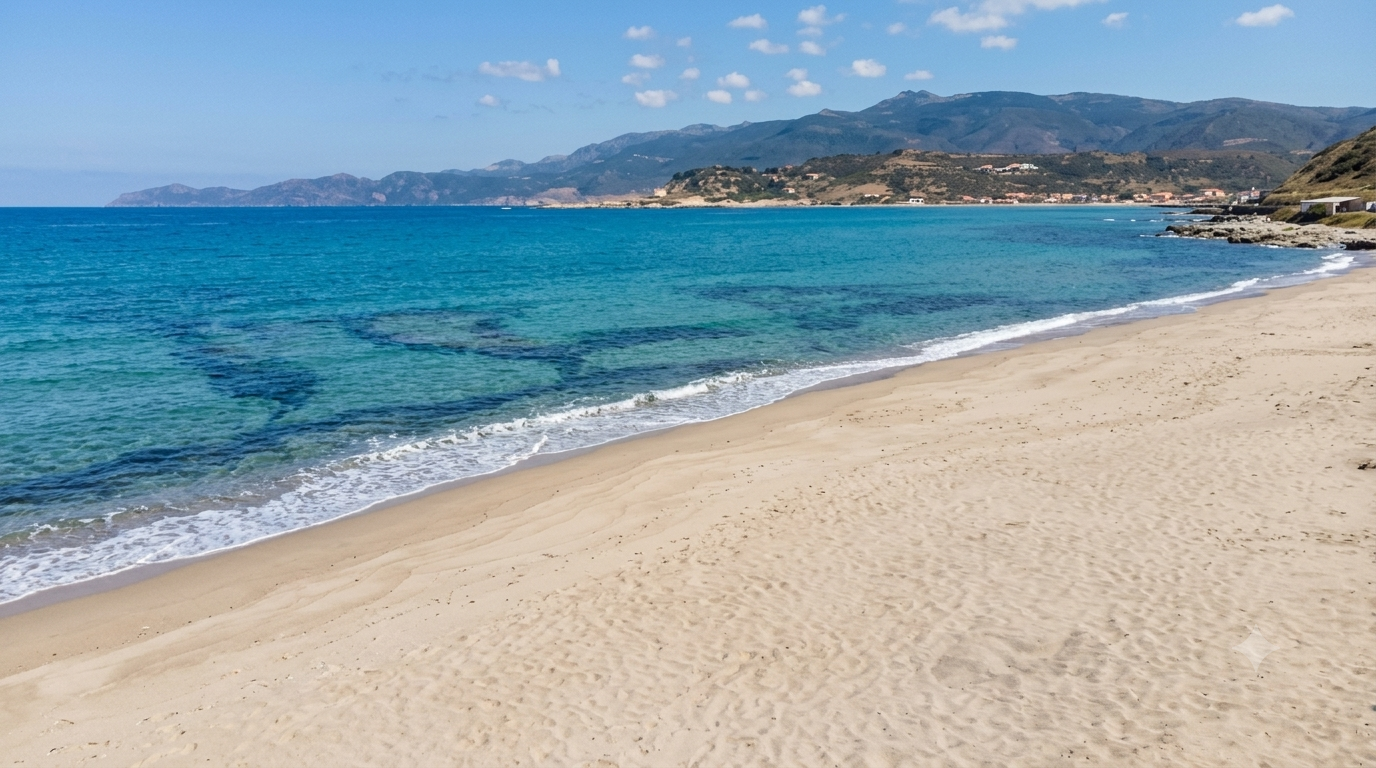 Turas, Bosa — spiaggia di sabbia chiara con acqua turchese e blu intenso, profilo delle montagne di Bosa sullo sfondo