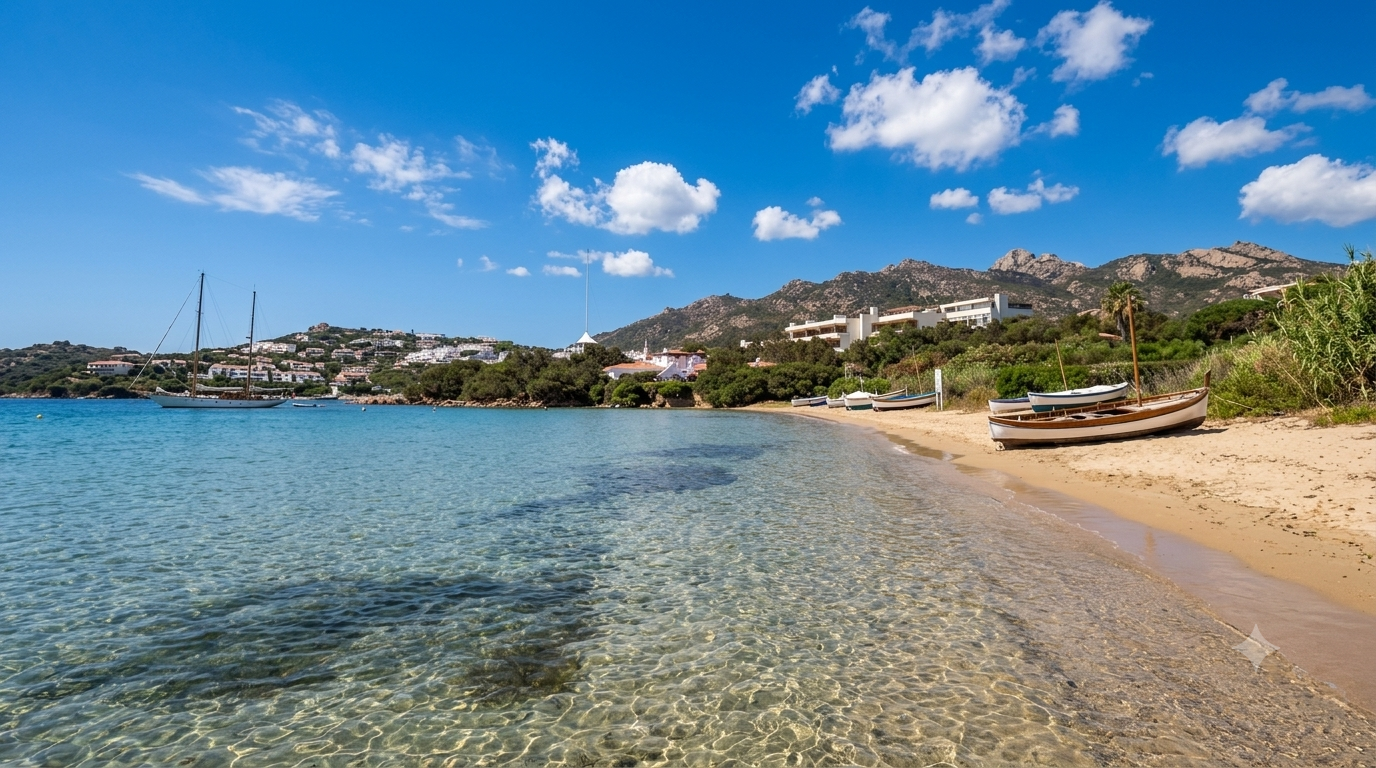 Spiaggia del Giglio, Arzachena — baia tranquilla con acqua limpida, barche tirate a secco e colline abitate sullo sfondo