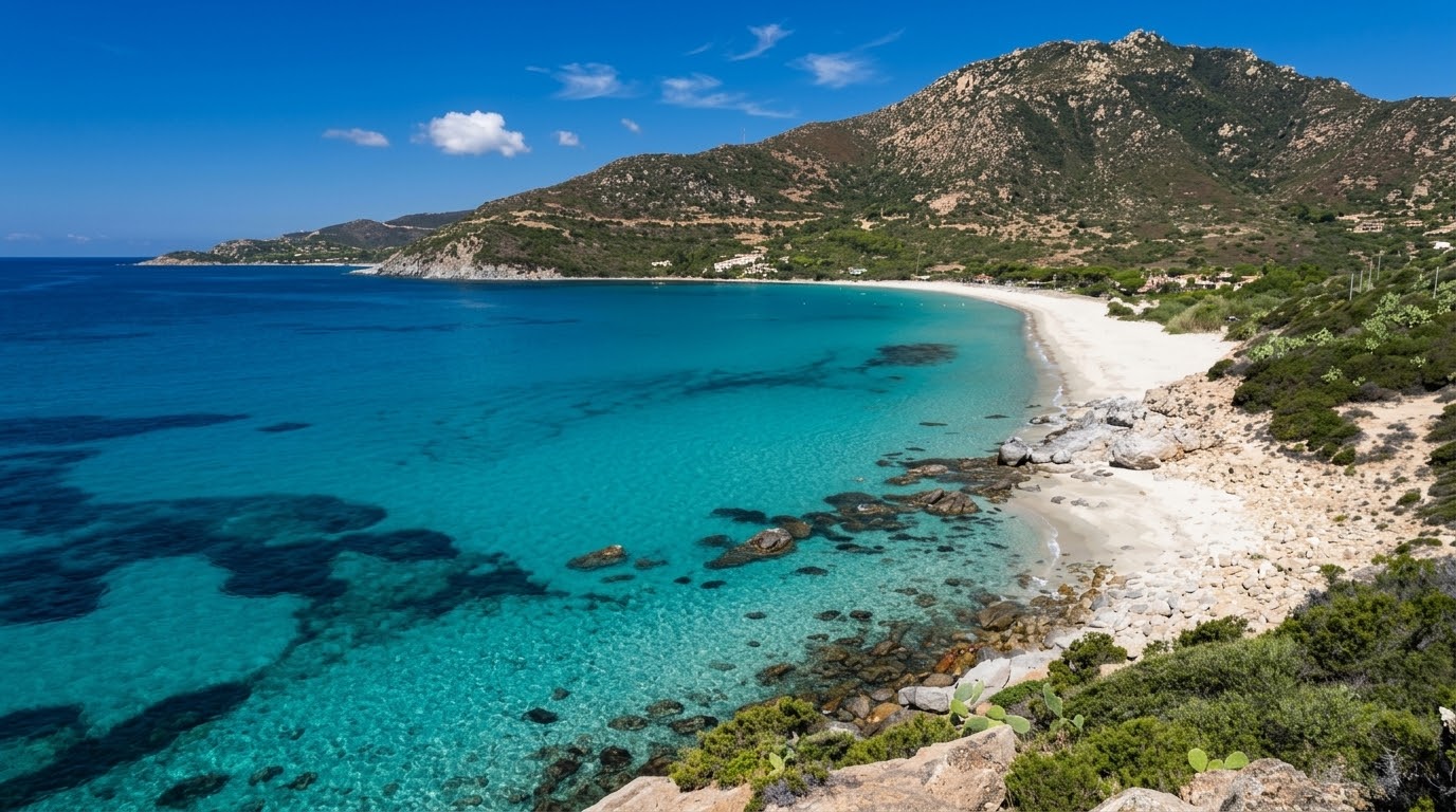 Campus, Villasimius — cala con grandi massi granitici, sabbia chiara, ginepri e acqua turchese cristallina