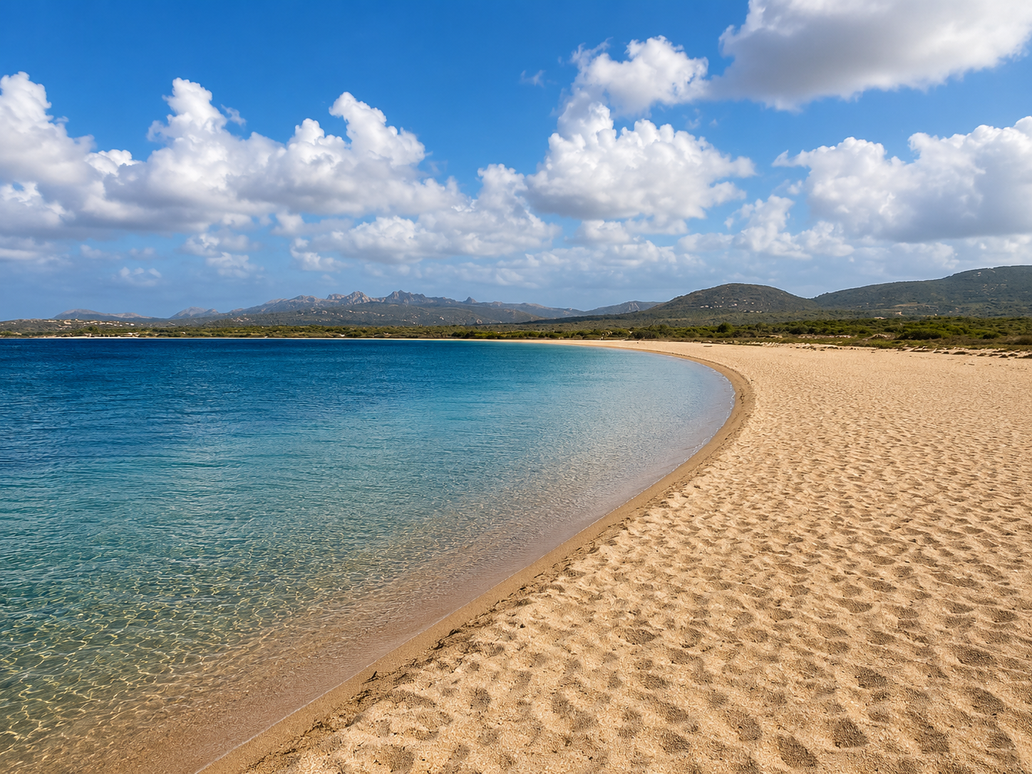 Porto Liscia, Santa Teresa Gallura — lunga curva di sabbia chiara con acqua limpida e colline sullo sfondo nella grande baia del nord Sardegna