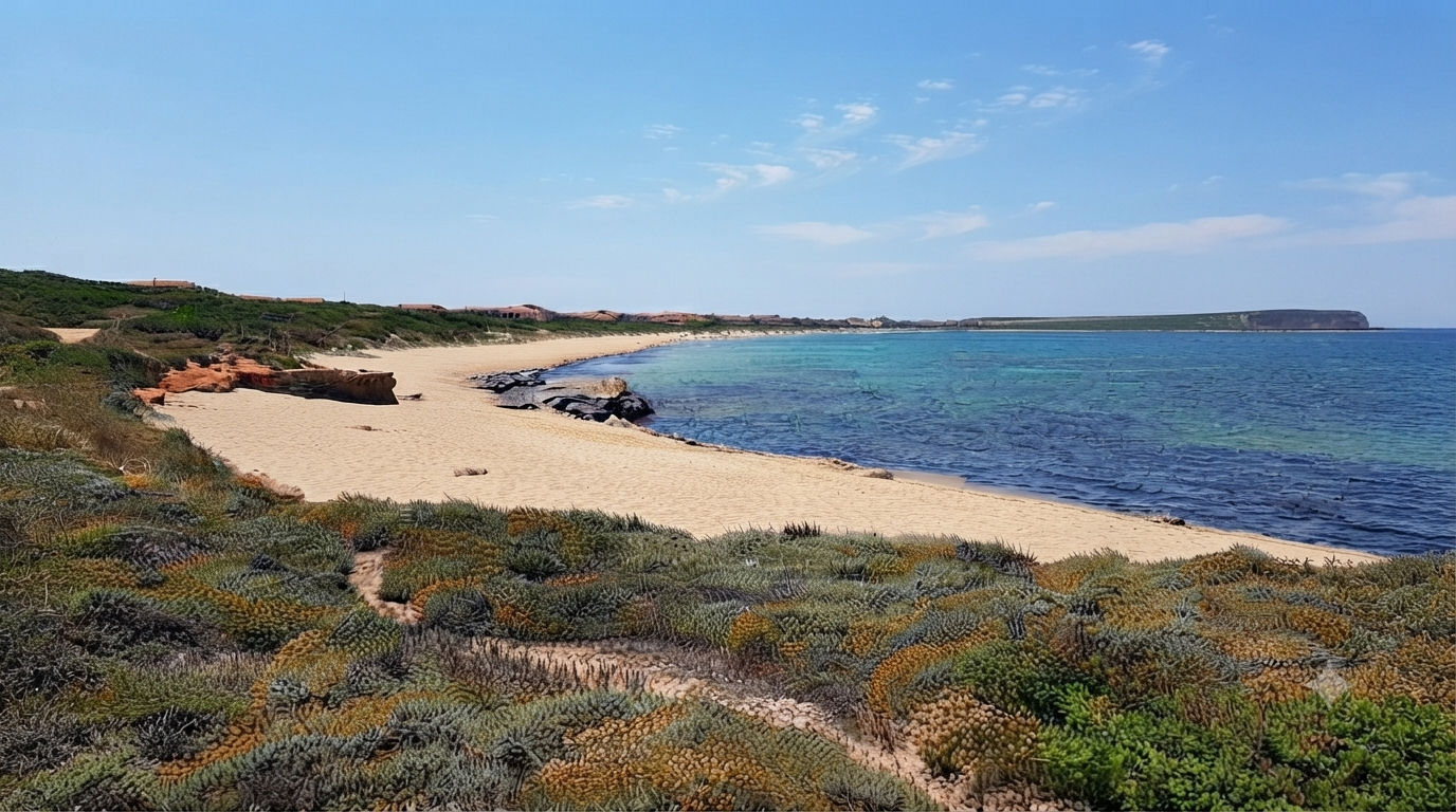 Sa Rocca Tunda, San Vero Milis — lunga spiaggia di sabbia chiara con mare turchese trasparente, roccia arenaria rossa in primo piano e macchia mediterranea sulle dune