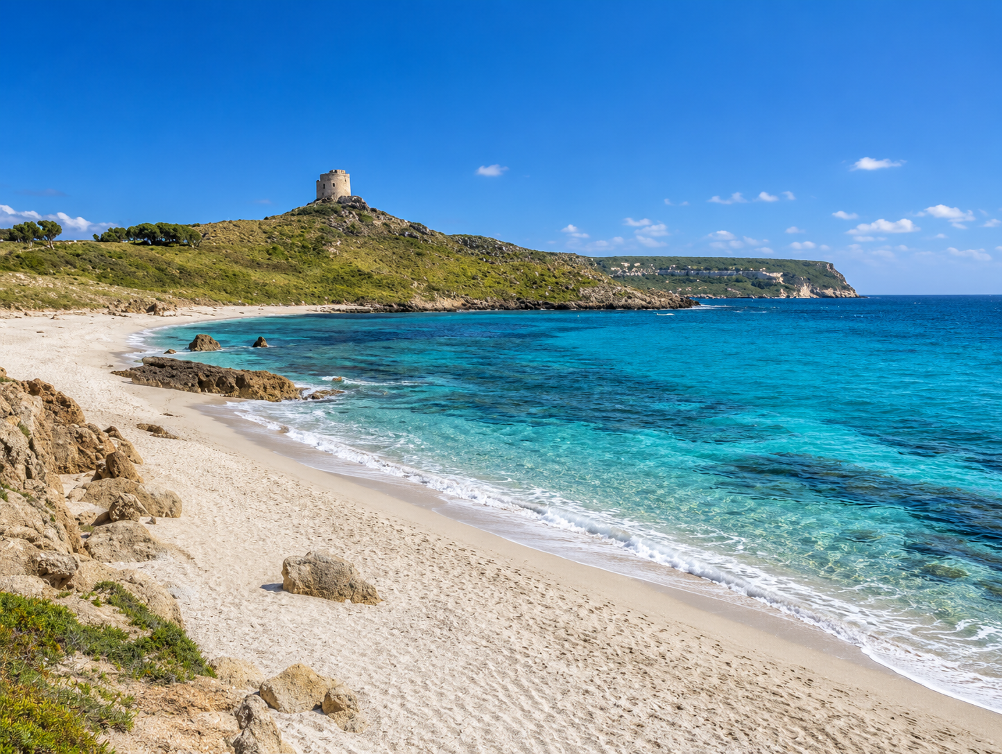 San Giovanni di Sinis, Cabras — spiaggia di sabbia chiara con acqua turchese cristallina e torre costiera sul promontorio verde