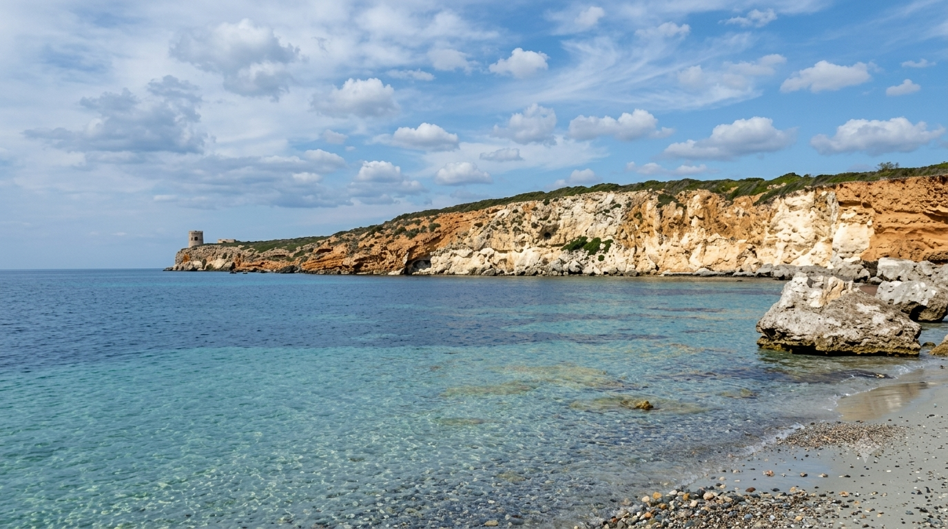 Spiaggia di Seu, Cabras — cala con falesie calcaree ocra, acqua limpida e torre spagnola sul promontorio