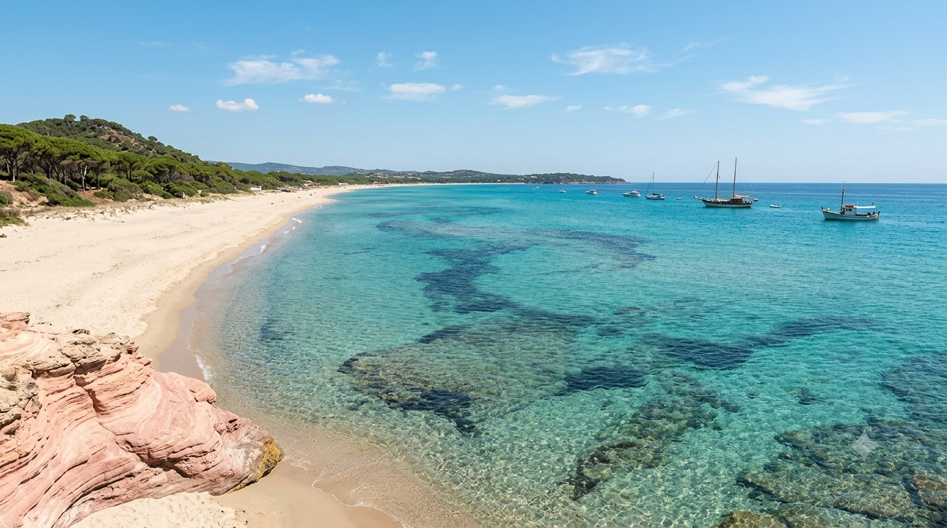 Riviera dei Pini, Budoni — lunga spiaggia chiara con pineta costiera, mare cristallino e fondale turchese