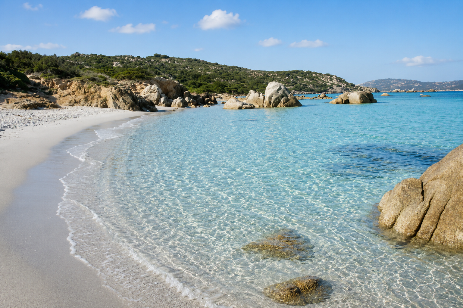Spiaggia Bassa Trinita, La Maddalena — arenile bianchissimo con acqua trasparente e bassi fondali tra i graniti dell'arcipelago
