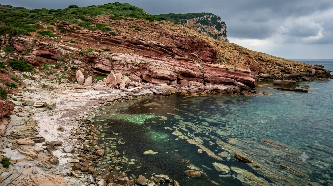 Cala Viola, Alghero — piccola cala di rocce rosse e ciottoli con acqua trasparente e cielo nuvoloso sul promontorio costiero