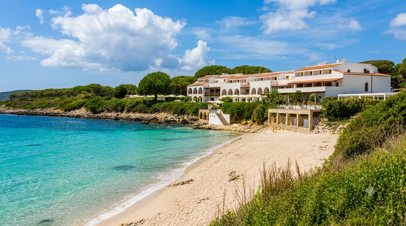 Punta Negra, Alghero — spiaggia di sabbia chiara con acqua turchese trasparente, resort sul promontorio e macchia mediterranea