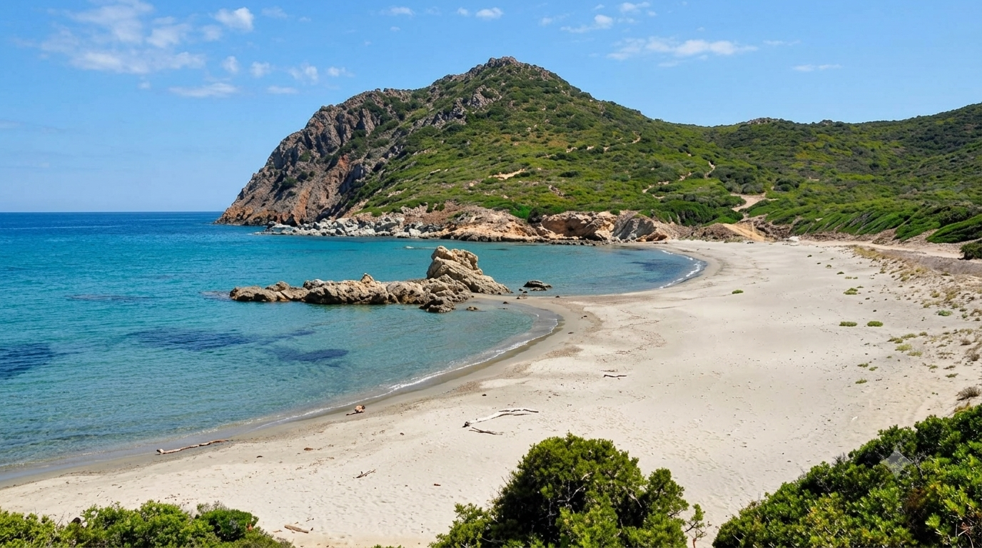 Portu s'Ilixi, Muravera — baia riparata con sabbia chiara, promontorio verde, scogli affioranti e acqua turchese trasparente