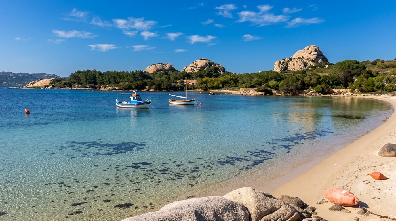 Porto Sole (Mucchi Bianchi), Arzachena — baia riparata con sabbia chiara, acqua cristallina e caratteristici scogli di granito