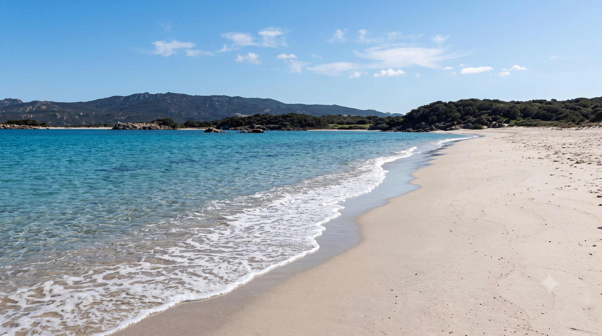 Mannena, Arzachena — spiaggia di sabbia chiara con mare turchese e macchia mediterranea sullo sfondo