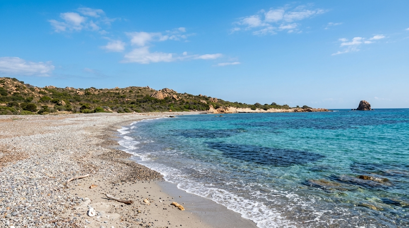 Cala Murtas, Villaputzu — spiaggia di ghiaia chiara e sabbia con acqua turchese cristallina, macchia mediterranea e scoglio isolato al largo