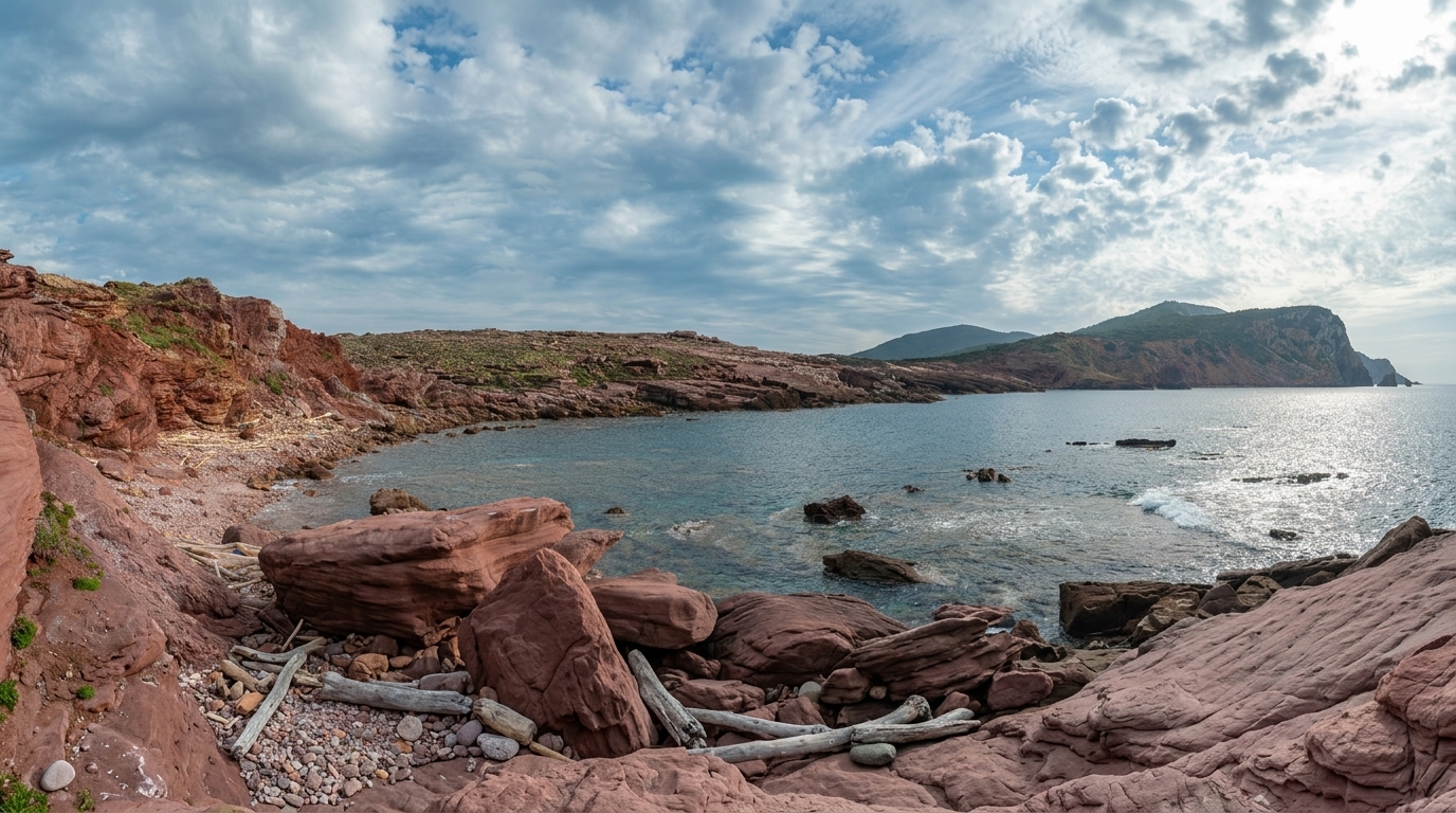 Cala del Gallo, Alghero — cala rocciosa con arenarie rosse, ciottoli e legni sulla riva, mare calmo e promontori all'orizzonte