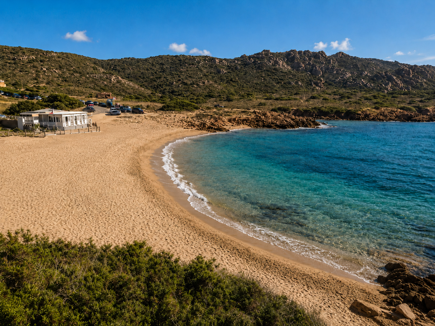 Portu Maga, Arbus — mezzaluna di sabbia dorata con acqua trasparente, rocce rossastre e macchia mediterranea sul promontorio