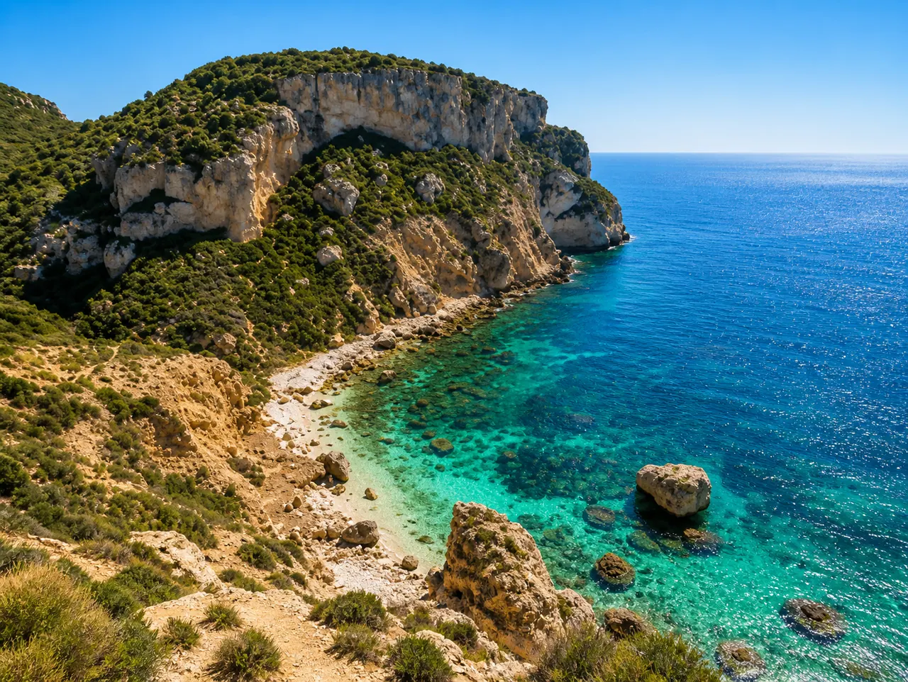 Cala Fighera, Cagliari — cala selvaggia di scogli vicino al Faro di Sant'Elia con mare turchese