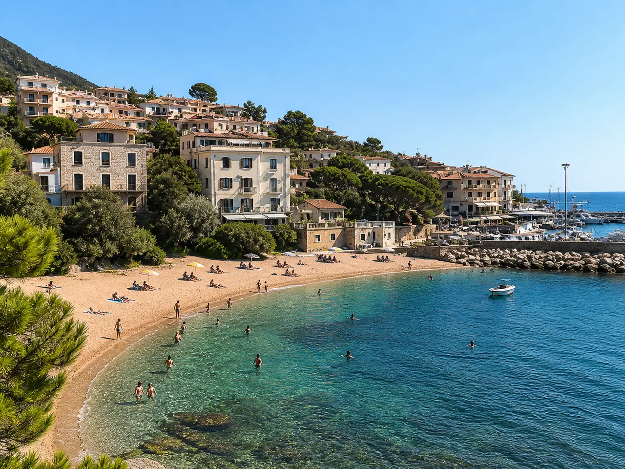 Cala Gonone, Dorgali — spiaggia centrale del paese con sabbia mista a ciottoli, porticciolo e falesie del Supramonte
