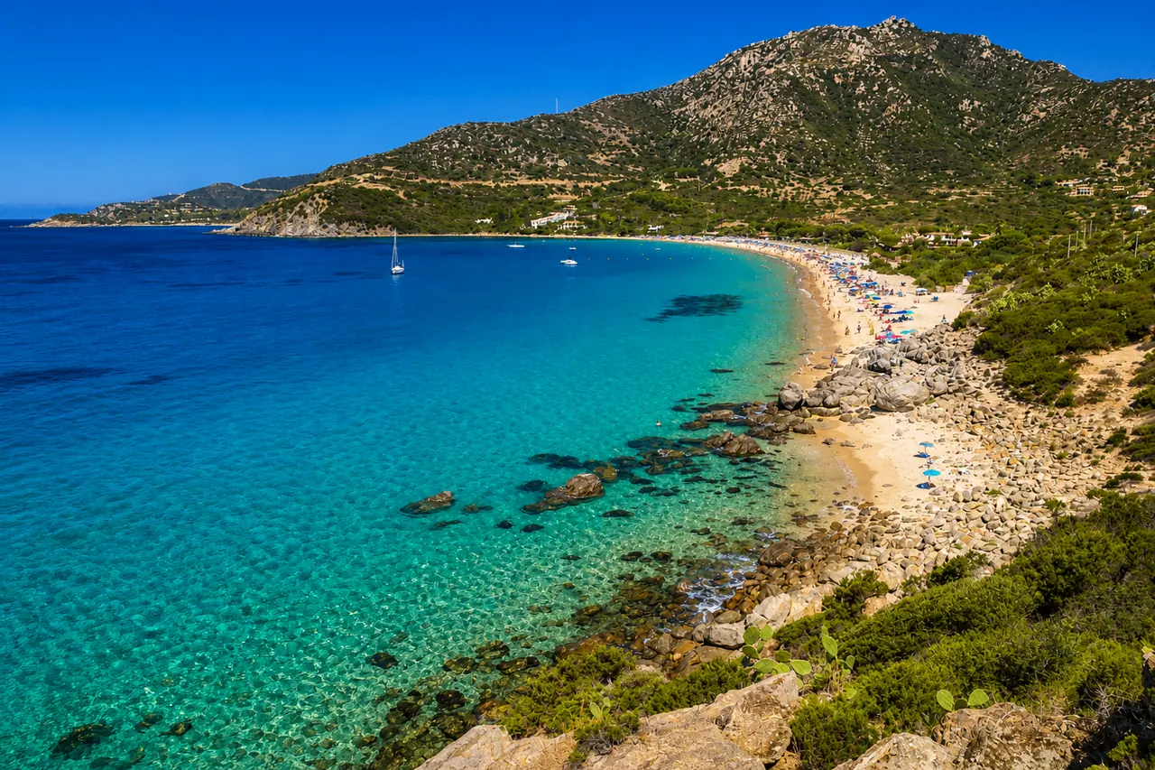 Campulongu, Villasimius — ampia baia con sabbia chiarissima, mare turchese e monti sullo sfondo, ideale per famiglie