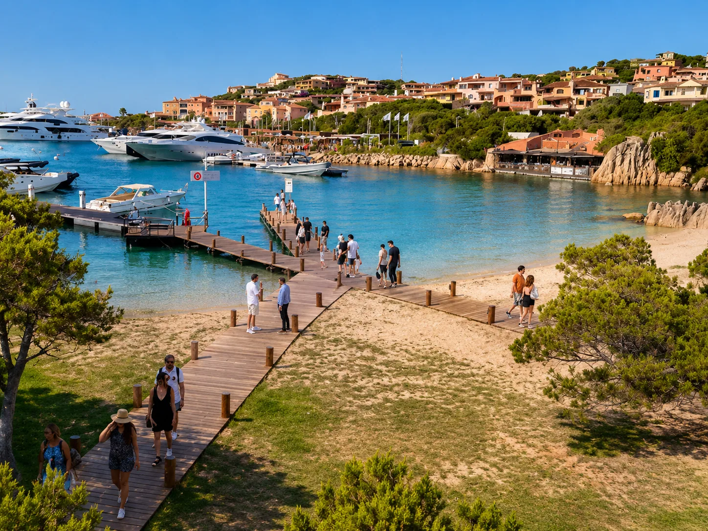 Porto Cervo, Arzachena — passerella sul porto turistico con yacht, acqua turchese e case pastello della Costa Smeralda