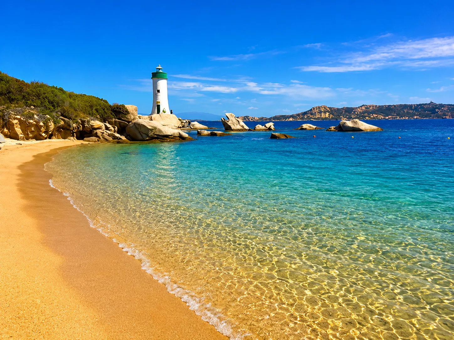 Porto Faro, Palau — spiaggia dorata con faro bianco sugli scogli e mare cristallino davanti all'arcipelago