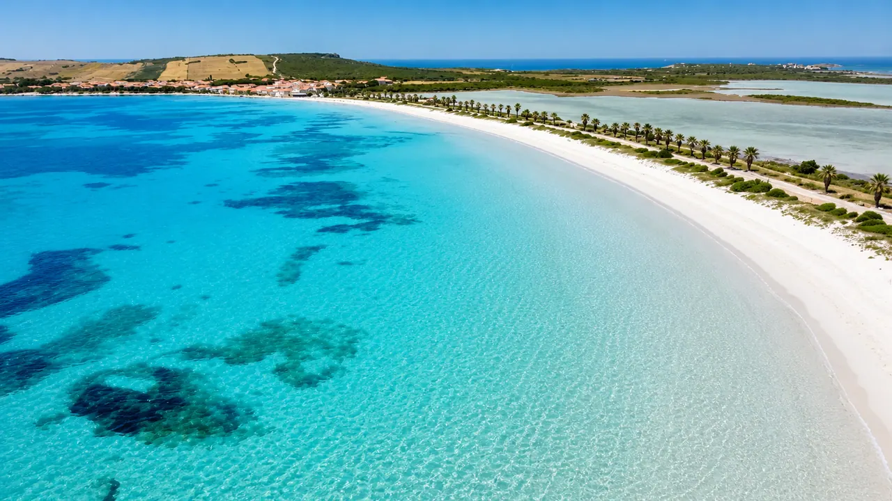 Putzu Idu, San Vero Milis — lunga spiaggia bianca con palme e mare cristallino