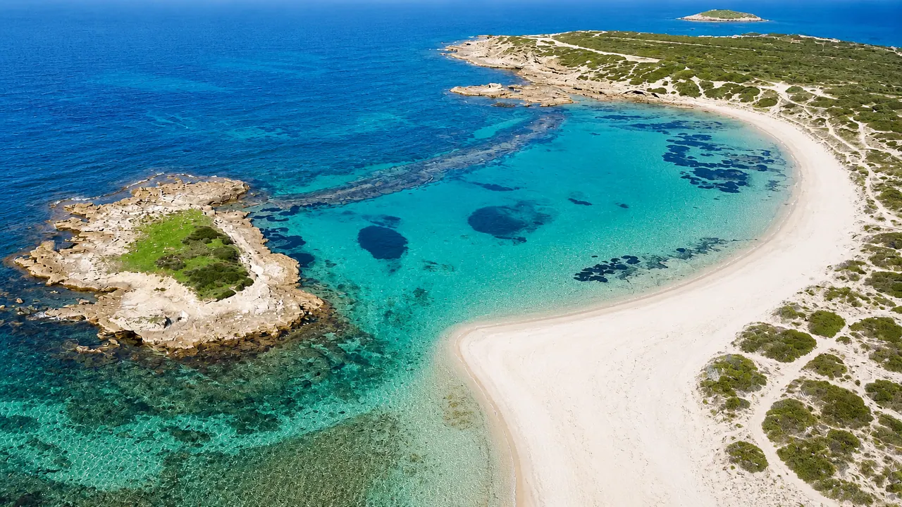 Sa Mesa Longa, San Vero Milis — piscina naturale protetta da scogliera con isolotto
