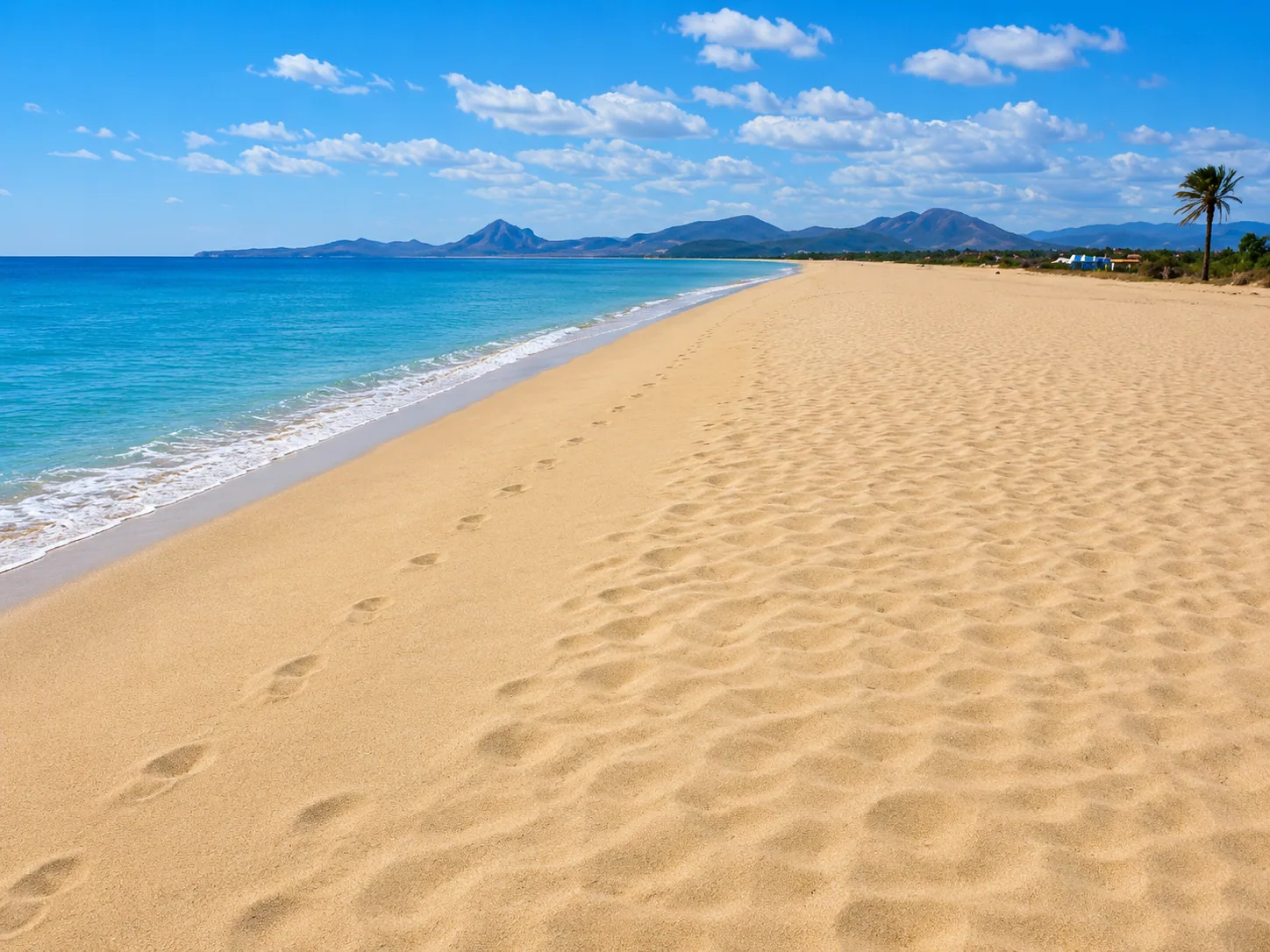 San Giovanni, Muravera — spiaggia dorata di sabbia fine con mare turchese e profilo dei monti sullo sfondo
