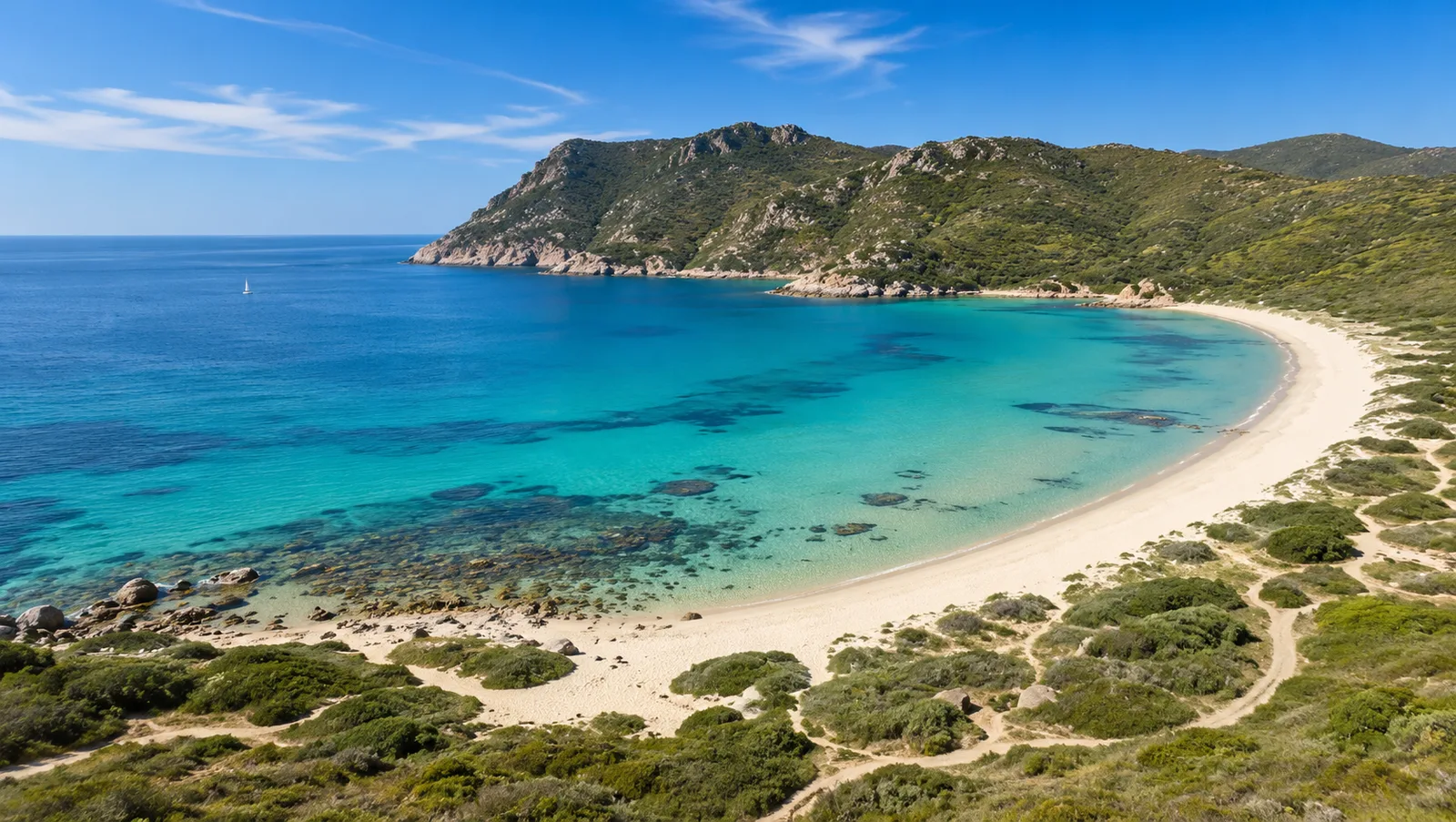 Valle dell'Erica, Santa Teresa Gallura — grande baia arcuata con sabbia chiara, acqua smeraldo e rilievi verdi