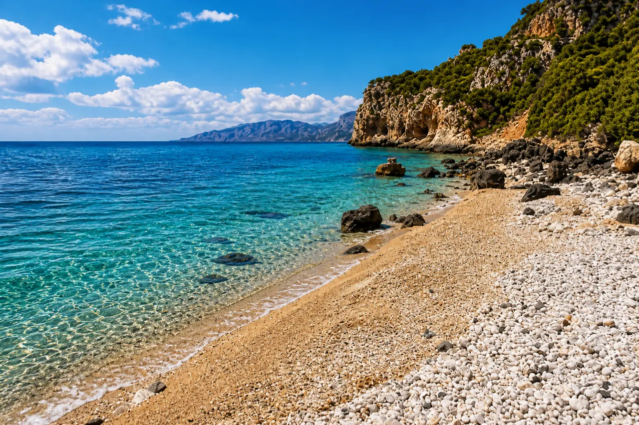Ziu Martine, Dorgali — cala selvaggia di ciottoli chiari sotto la falesia con acqua turchese