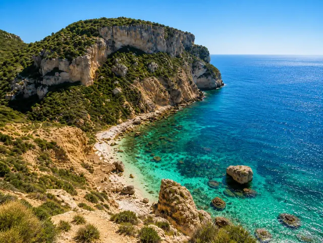 Cala Fighera, Cagliari — cala selvaggia di scogli vicino al Faro di Sant'Elia con mare turchese