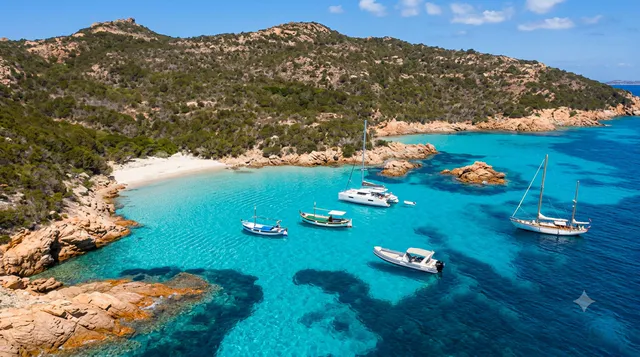 Cala Garibaldi, Caprera — vista aerea di baia turchese cristallina con barche a vela ormeggiate tra rocce rosse e macchia mediterranea