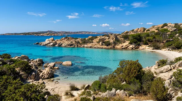 Cala Serena, Caprera — baia riparata tra rocce granitiche e pini, acqua turchese trasparente e sabbia chiara