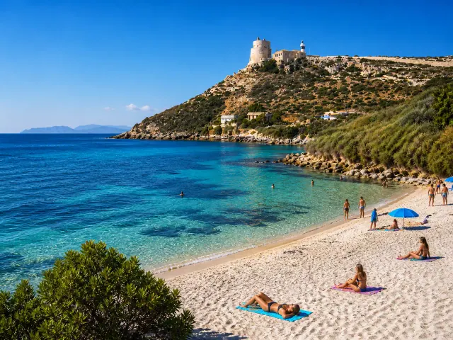 Calamosca, Cagliari — baia urbana sotto Capo Sant'Elia con torre e faro