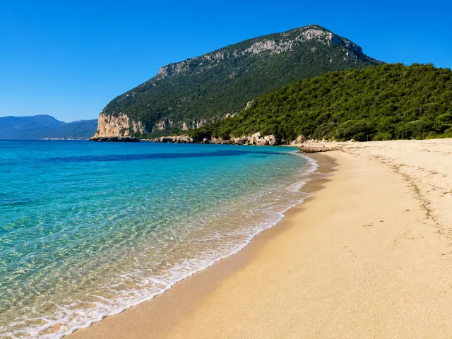 Cartoe, Dorgali — spiaggia dorata ai piedi del promontorio verde con mare limpido