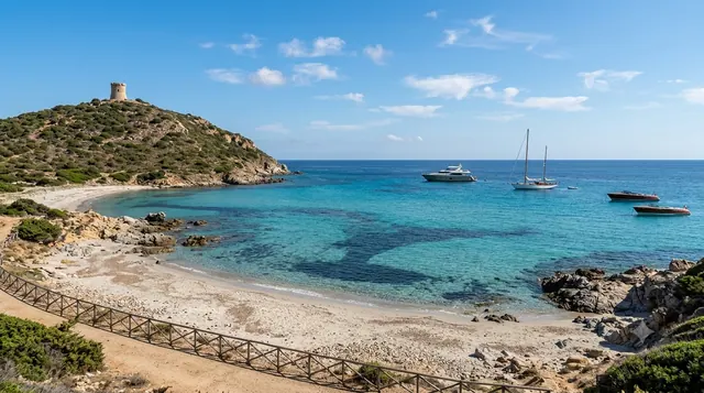 Cava Usai, Villasimius — cala con sabbia chiara, acqua turchese trasparente, torre spagnola sul promontorio e barche alla fonda