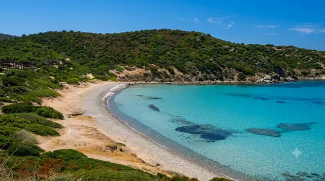Flumini, Quartu Sant'Elena — piccola baia arcuata con ciottoli chiari, acqua trasparente e versanti verdi della costa