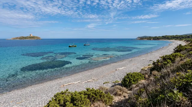 Furcadizzu, Sarroch — spiaggia di ciottoli con vista sull'isolotto con torre e barchette da pesca sul mare turchese