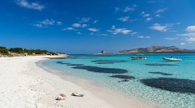 Il Gabbiano, Stintino — sabbia bianca finissima, acqua turchese trasparente con macchie di posidonia sul fondale e torre aragonese all'orizzonte