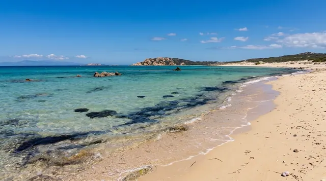 Naracu Nieddu, Aglientu — lunga spiaggia chiara con acqua cristallina, scogli affioranti e dune basse sullo sfondo